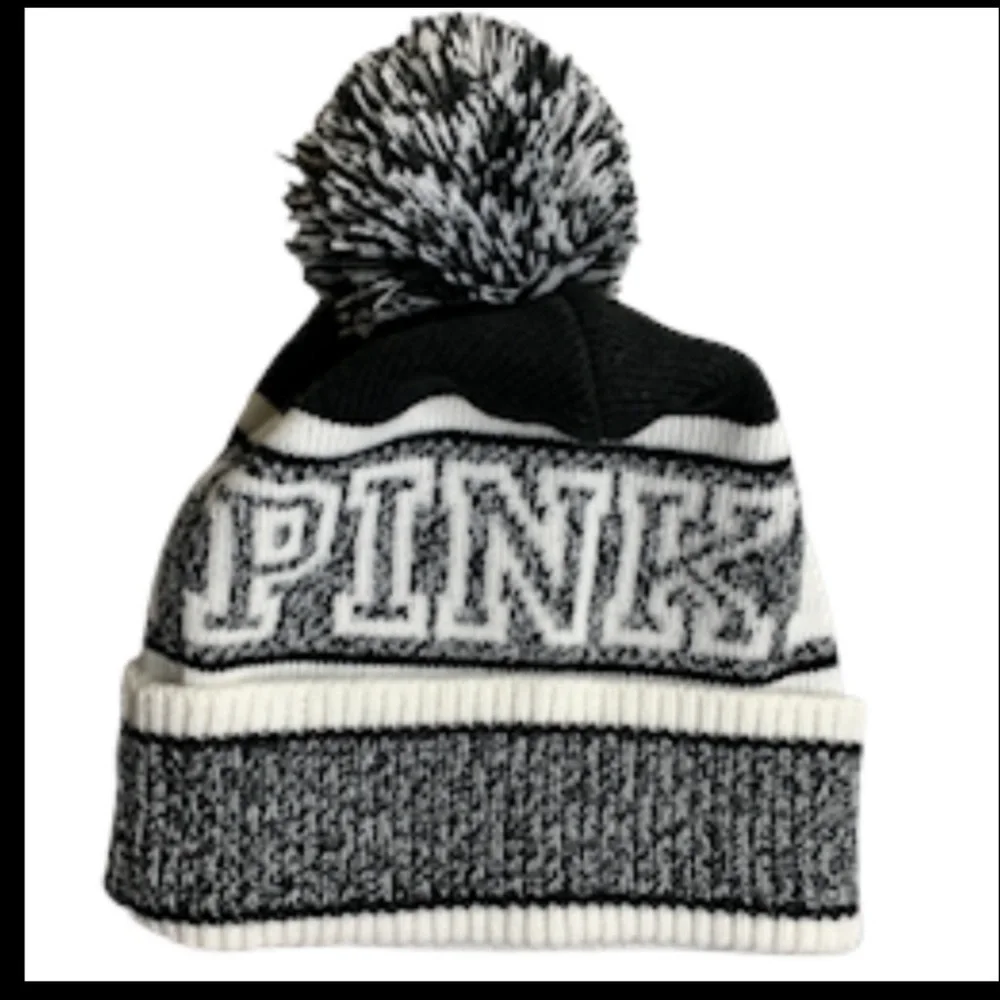 Victoria's Secret Lot Pink Nation Knit Beanies. Black White Gray Pom Logo